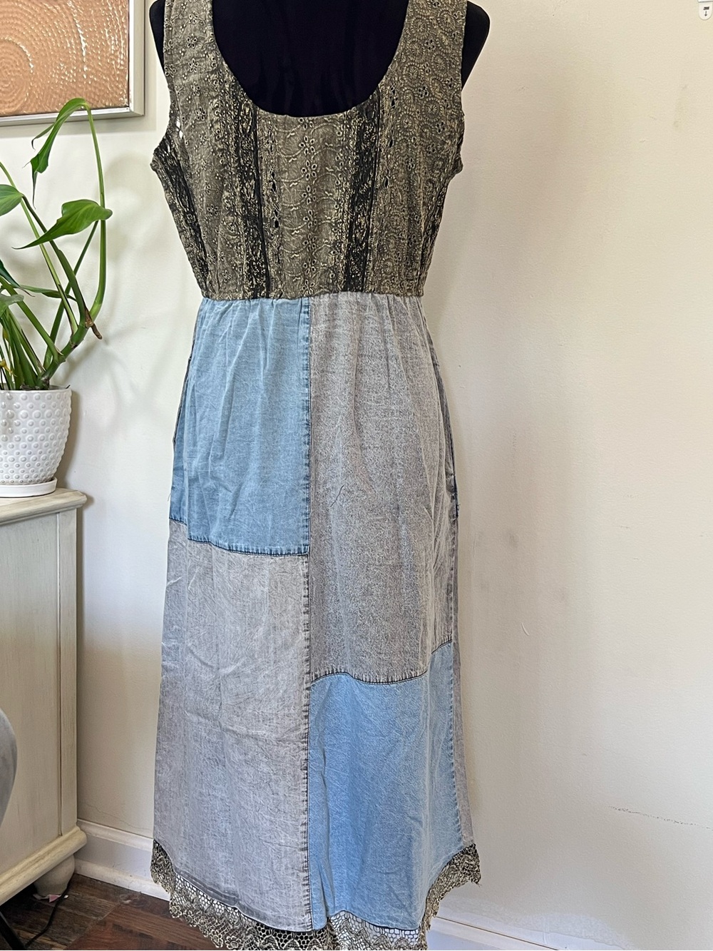 Young Threads Patchwork Jean Dress Crochet Lace Hem Cottagecore Med NWT